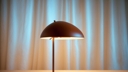 A modern desk lamp with a curved shade illuminated against a backdrop of curtains.
