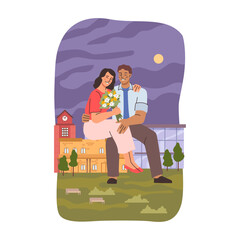 Giant couple sitting on house. Smiling happy characters on evening date. Gigantic boyfriend and girlfriend enjoying company of each other. Enormous people in love, urban life of beloved personages