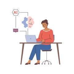 Employee working with ai. Vector woman character researching important information and create ideas. Artificial intelligence supports business, technology helps with productivity work in modern world