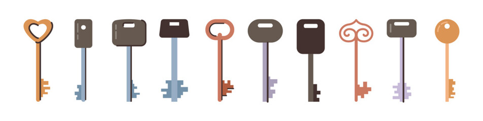 Metal device with notched blade that fits into specific lock mechanism. Vector various shapes and sizes of keys collection. Simple and vintage retro design set in gold, silver and bronze color