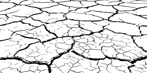 A stark, high-contrast, black and white close-up of severely cracked earth, showing a network of deep fissures and irregular polygons. The texture emphasizes the dryness and desolation of the ground.