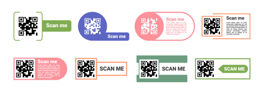 QR codes with information about product or company. Vector in flat style, isolated set of labels with scan me text. Quick pay or application link, shopping barcodes for smart devices ui design