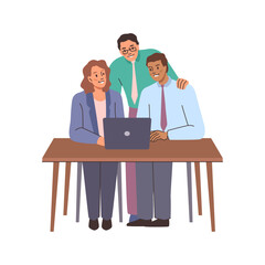 People discussing business issues at corporate table, strategic planning and project tasks. Vector isolated employees in office with laptop. Studying together and helping, brainstorming