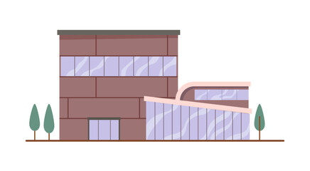 Supermarket building facade. Vector isolated exterior of shop with entrance and landscape. Store or shopping mall with bricks and wooden minimalist modern design. Simple construction with windows