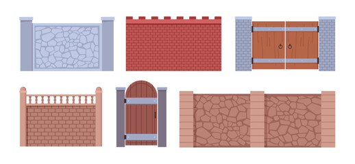 Stone gates, entranceways constructed from granites. Vector structural decorative walls made of forged metal structures, woods and rocks. Equipment for private areas, fence gardeners houses
