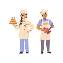 Children wearing professional cook suits. Vector isolated smiling girl holding cake and boy preparing food. Chefs cartoon characters. Fostering creativity and role playing social skills