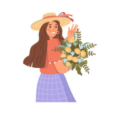 Woman with flowers smiling and waving. Vector flat cartoon character, isolated female personage with blooming florist composition given on date or holiday. Girl in summer hat and outfit