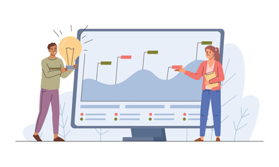 Man and woman working with big computer monitor, office workers discussing and making ideas for business growing. Vector marketers team talking about projects and reviewing monthly sales