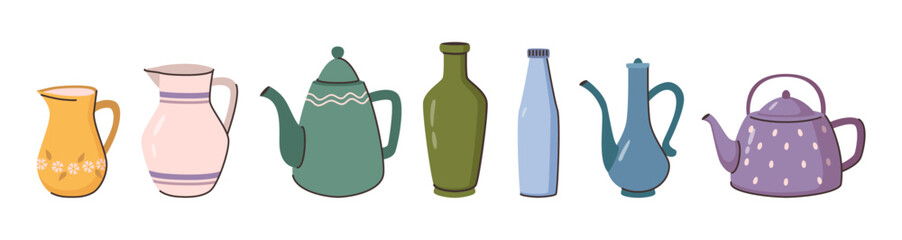 Bottles, teapots and kettles made of ceramics for brewing and preparing beverage and water. Vector isolated pots with handles and lids, kitchenware for preparing and keeping drinks and aromatic liquid