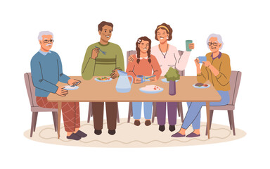 Family dinner at home. Vector parents, grandparents and child eating together at dining table. Generations bonding, learning and nurturing relationships. Happy cartoon characters joking and laughing