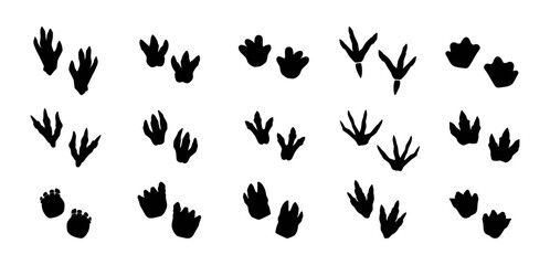 Wildlife beasts footprints trails. Vector lines of prehistoric animals footmarks. Dinosaur paws prints set. Diversity of footsteps of ancient fauna species. Beast paws tracks of Jurassic era