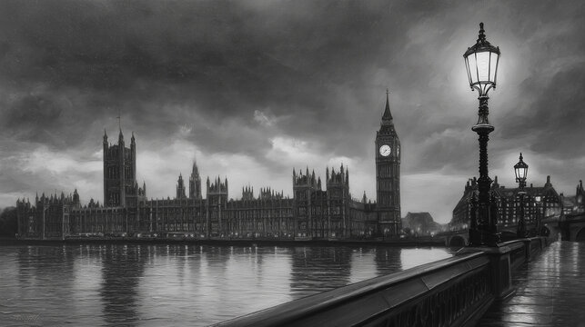 Black and white painting of London, Big Ben visible in the background, dark clouds, a street lamp, a woman sitting alone near the palace with a man walking away from her, a grey stone bridge over the 