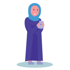 vector of a woman wearing a hijab standing holding a smartphone