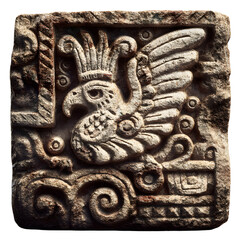 Intricately preserved ancient Mayan stone carving, featuring tactile relief patterns and authentic weathering, isolated on transparent background with angled lighting to enhance depth. 