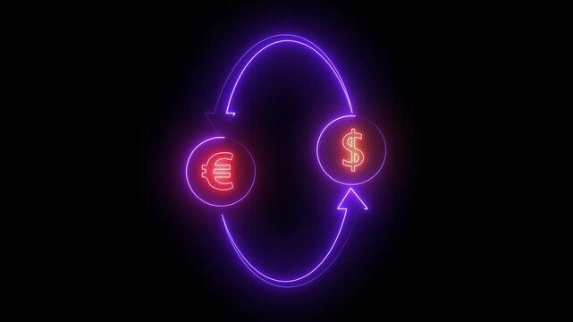 Glowing neon money exchange icon animation.
