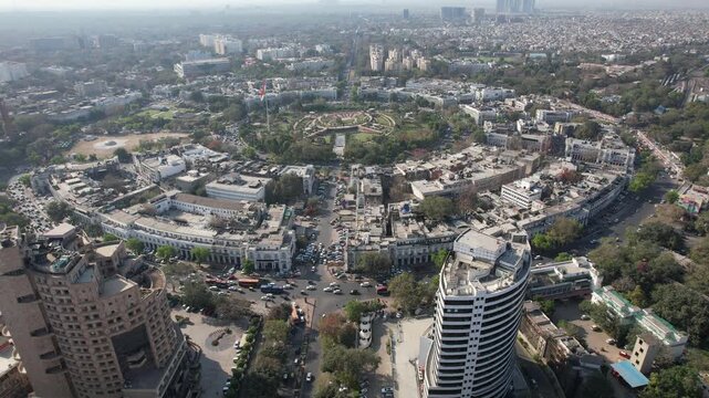 Aerial Drone shot of Connaught Place Cp in New Delhi capital city of India barakhamba road central market central park indian flag inner circle outer circle