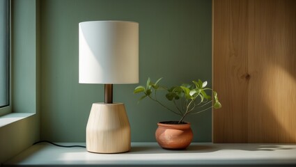A table lamp and potted plant on a white surface against a green and wooden background. Indoor decor with lighting and plant accessories. The concept of home decor and interior design.