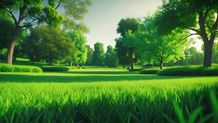 Lush green park scene with trees and grass bathed in sunlight. Natural landscape with vibrant foliage and open space.