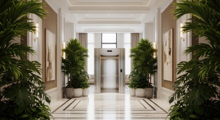 Fototapeta premium Modern elevator lobby features sleek metal doors, flanked by lush potted plants and abstract artwork, creating a welcoming and sophisticated atmosphere