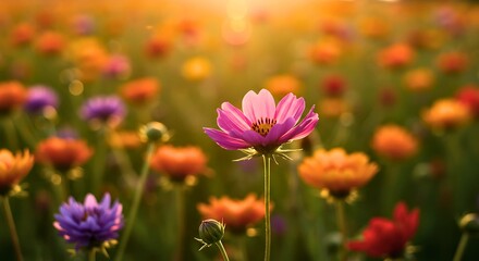 Obraz premium Golden Hour Sunlight on a Field of Colorful Cosmos Flowers