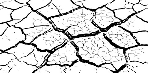 A stark, high-contrast, black and white close-up of severely cracked earth, showing a network of deep fissures and irregular polygons. The texture emphasizes the dryness and desolation of the ground.