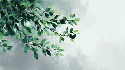 Delicate green leaves on branches against a soft gray background