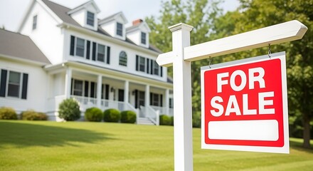 Beautiful white colonial house with a red for sale sign in the front yard