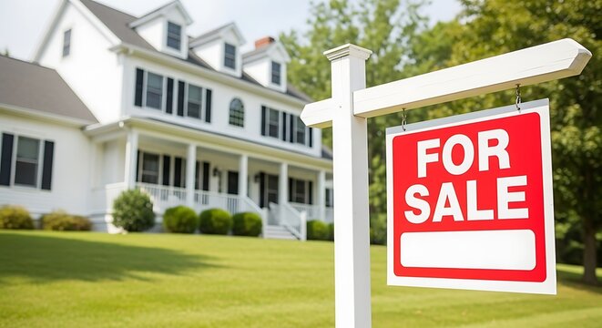 Beautiful white colonial house with a red for sale sign in the front yard