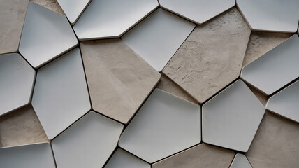 A close-up photograph of a textured wall surface featuring an abstract geometric pattern of irregular polygon shapes.