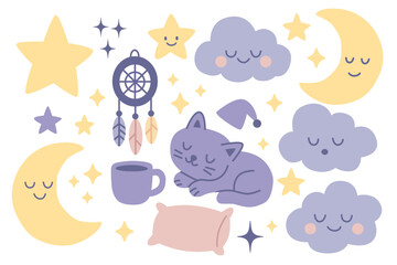 Cute pastel sleep-themed set with sleeping cat, moon, clouds, stars, cozy elements. Perfect for bedtime stories, nursery decor, dream-related designs. Hand drawn simple vector illustration