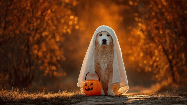 Golden Retriever Dog Wearing White Towel Halloween Costume Sitting Outdoors at Sunset - Powered by Adobe