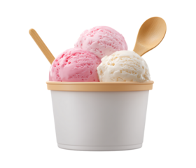  ice cream tub with three scoops, one pink and white isolated on a transparent background
