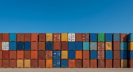 Fototapeta premium Stacked shipping containers in various colors against a clear blue sky, creating a geometric pattern and suggesting global trade and logistics.