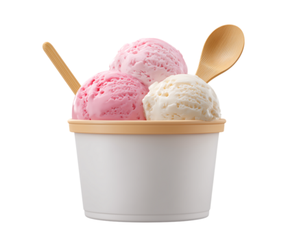  ice cream tub with three scoops, one pink and white isolated on a transparent background