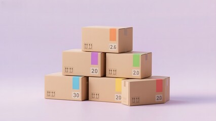Stacked cardboard boxes with numerical labels arranged in a pyramid formation