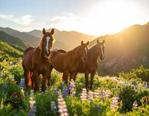 Cheerful Horse in Green Pasture with Wooden Fence and Wildflowers