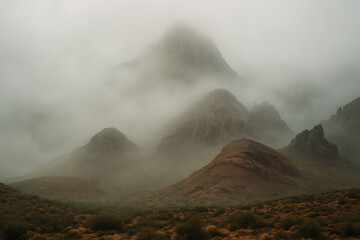 Foggy mountain landscape with misty peaks and desert terrain, dramatic moody nature scene, surreal hills in morning haze, remote wilderness view, atmospheric cloud-covered rocky mountains

