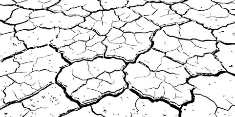 A stark, high-contrast, black and white close-up of severely cracked earth, showing a network of deep fissures and irregular polygons. The texture emphasizes the dryness and desolation of the ground.