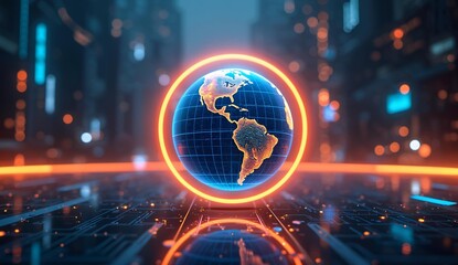 Fototapeta premium Globe Encased in Orange Ring Amidst Futuristic Cityscape