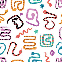 Abstract flat snakes seamless pattern. Different vibrant decorative snake, doodle drawing design. Print for fabric wallpaper web site, vector background
