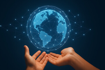 Hands holding glowing blue digital earth, futuristic global network, holographic world map, virtual planet connection, artificial intelligence data sphere, technology innovation concept

