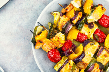 BBQ Salmon and Vegetable Kabobs.