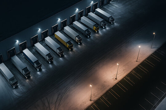 Industrial cargo truck loading dock, aerial view at night, warehouse freight logistics depot, commercial supply chain transport hub, fleet distribution center illuminated by street lights, shipment tr - Powered by Adobe
