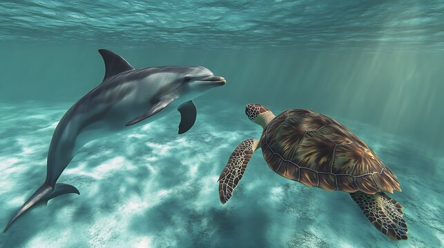 Closeup of sea turtle and dolphin under ocean high resolution picture