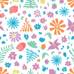 Simple floral seamless pattern with abstract nature elements. Branches flowers leaves, romantic backdrop. Decorative print vector background