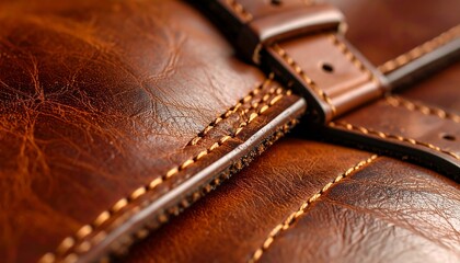 Close-up of rich brown leather with stitching