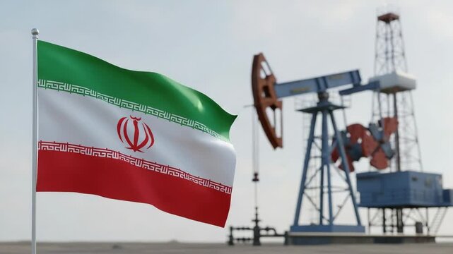Flag of Iran waving with an oil pumpjack and drilling rig in the background. Oil and gas industry concept.