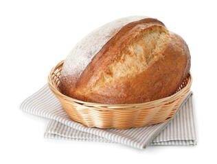 Loaf of fresh bread in wicker basket isolated on white