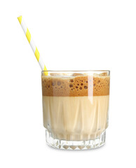 Delicious dalgona coffee in glass isolated on white