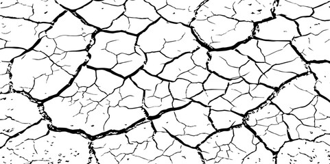 A stark, high-contrast, black and white close-up of severely cracked earth, showing a network of deep fissures and irregular polygons. The texture emphasizes the dryness and desolation of the ground.
